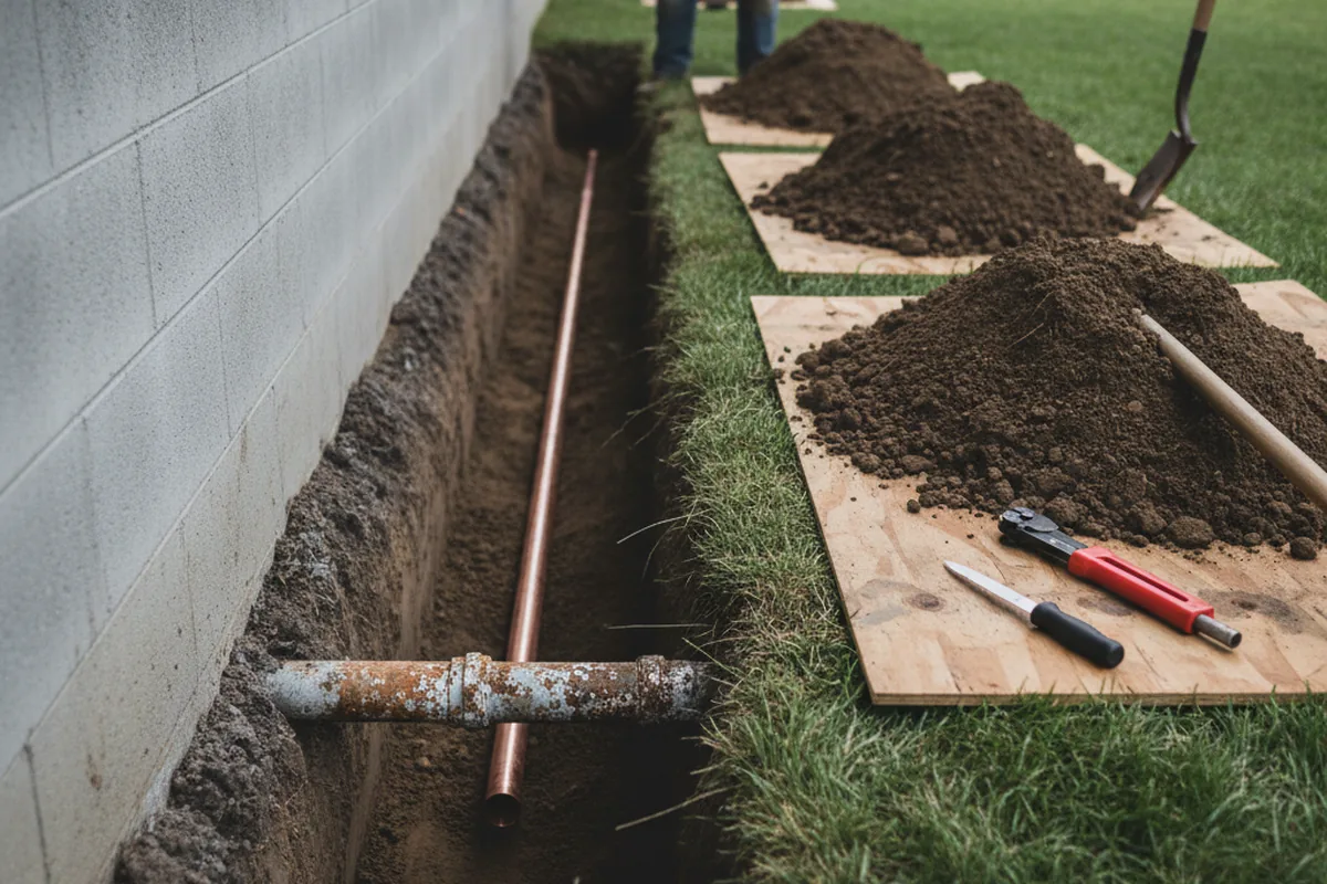 Excavated water line trench during Water Softener Installation in Eastover